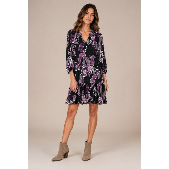 Johnny Was Dresses & Skirts - Johnny Was Silk Tiered Midi Dress Black Purple‎ Floral Boho Luxe XS